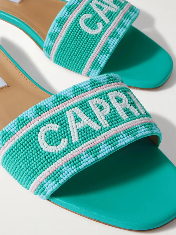 Aquazzura - Capri Beaded Leather Slides - Blue - Image 4