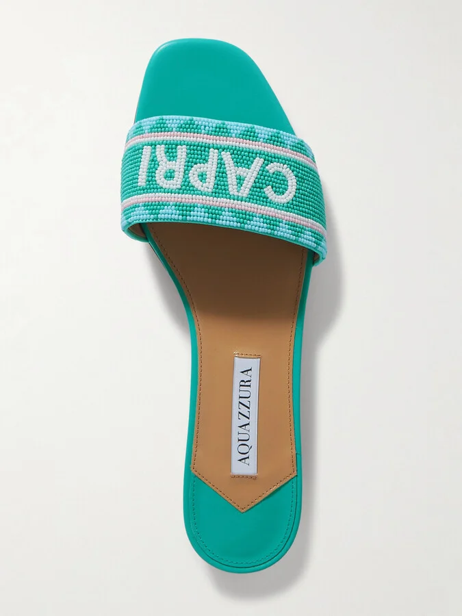 Aquazzura - Capri Beaded Leather Slides - Blue - Image 5