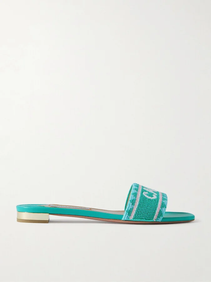 Aquazzura - Capri Beaded Leather Slides - Blue