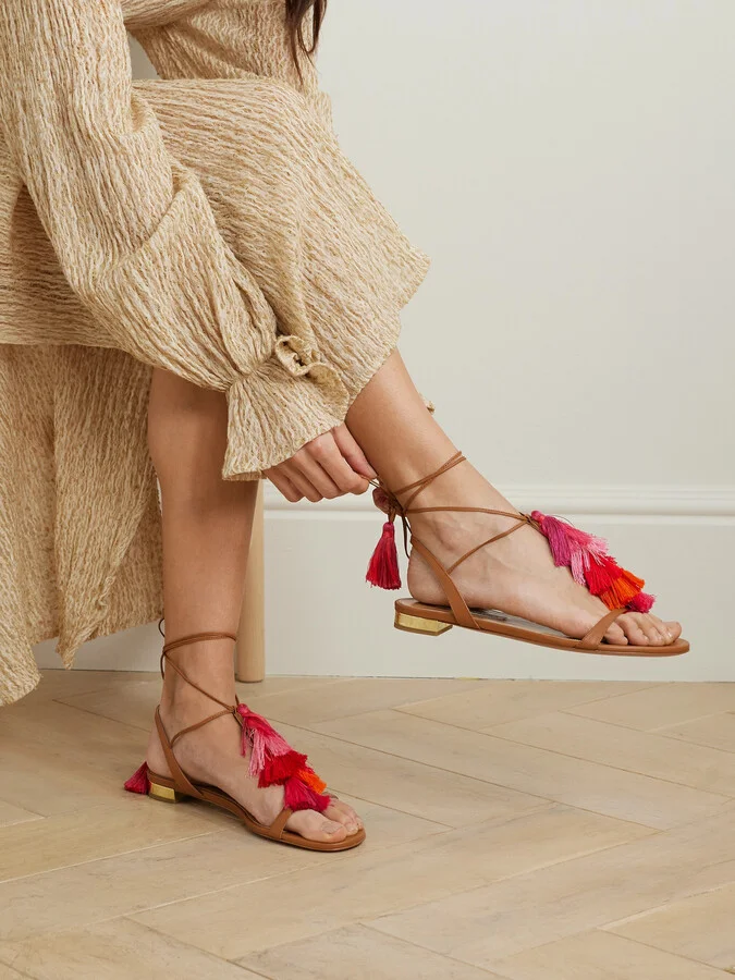 Aquazzura - Capri Tassel Leather Sandals - Pink - Image 2