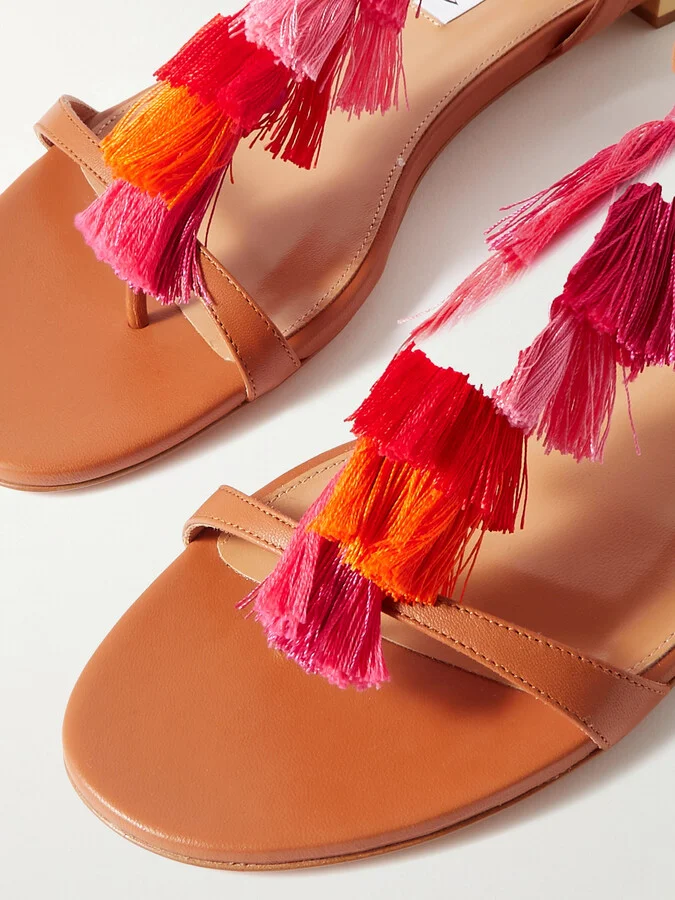 Aquazzura - Capri Tassel Leather Sandals - Pink - Image 4