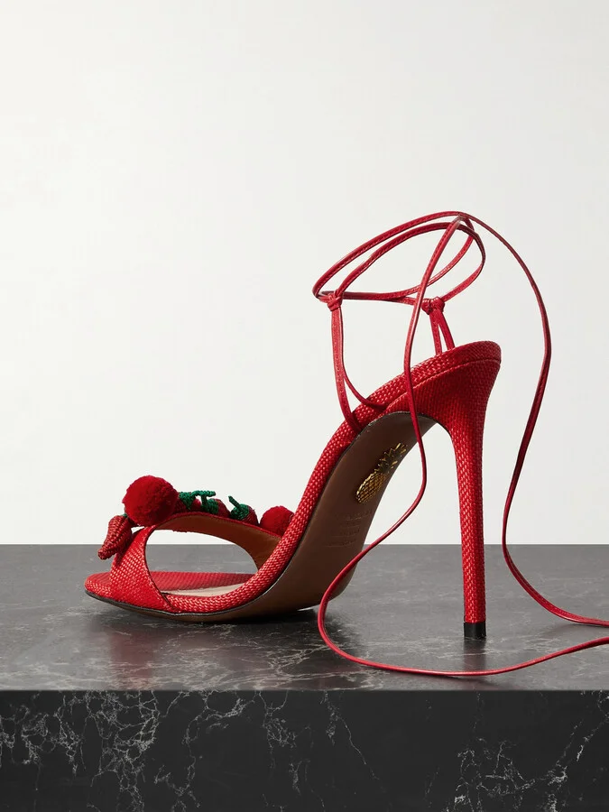 Aquazzura - Chilli 105 Embellished Raffia And Leather Sandals - Red - Image 3