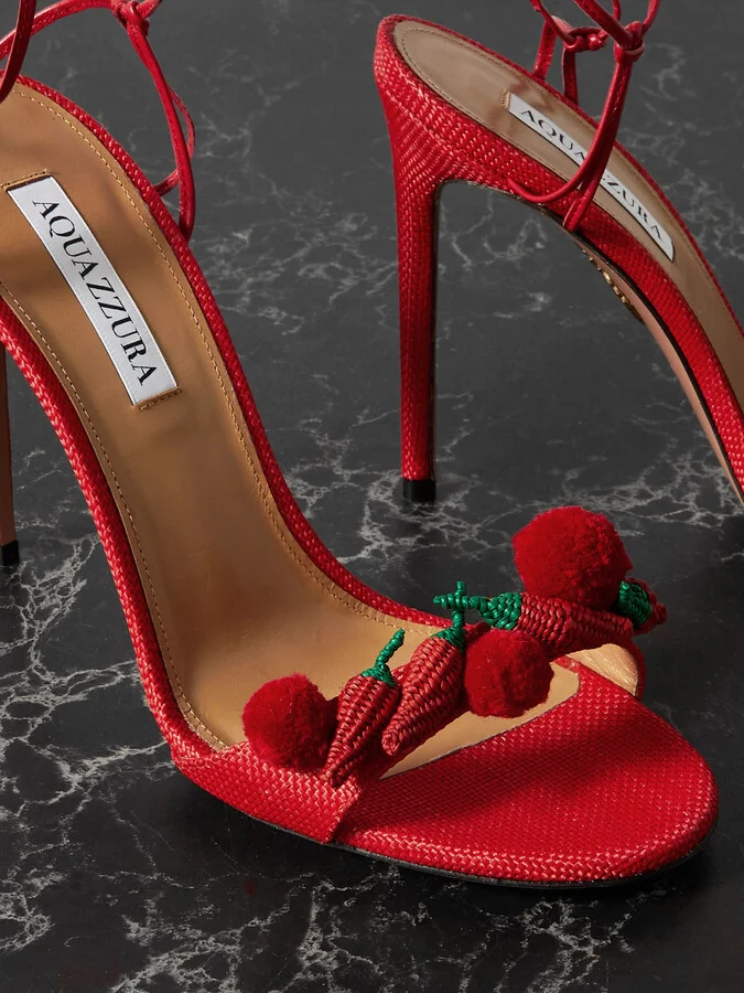Aquazzura - Chilli 105 Embellished Raffia And Leather Sandals - Red - Image 4