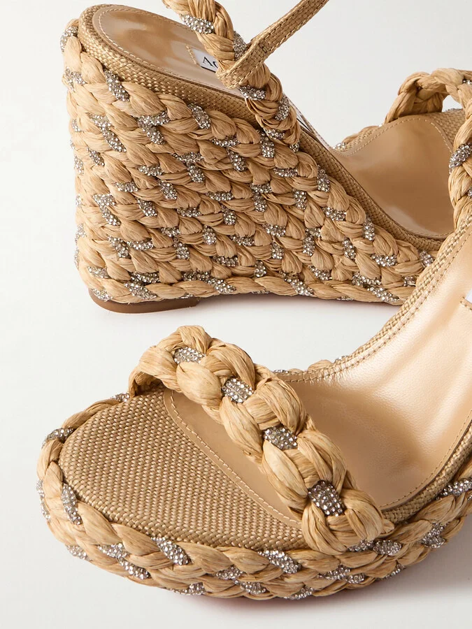 Aquazzura - Costiera 120 Crystal-embellished Cord-trimmed Raffia Platorm Wedge Sandals - Neutrals - Image 4