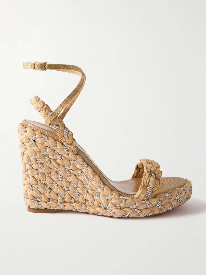 Aquazzura - Costiera 120 Crystal-embellished Cord-trimmed Raffia Platorm Wedge Sandals - Neutrals