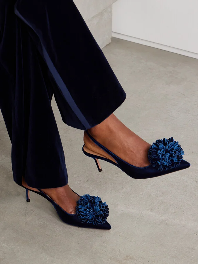 Aquazzura - Couturier 65 Pompom-embellished Velvet Slingback Pumps - Blue - Image 2