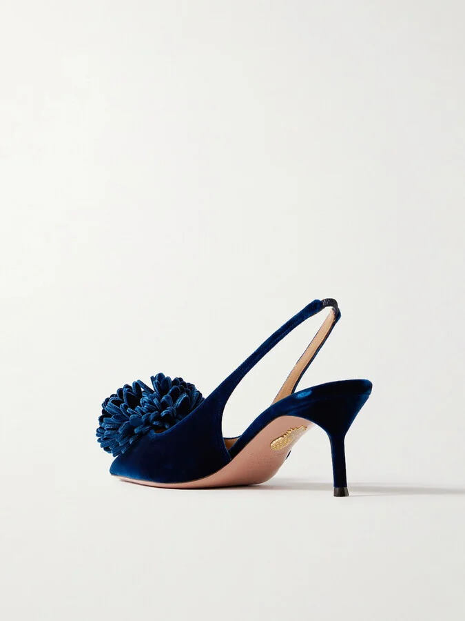 Aquazzura - Couturier 65 Pompom-embellished Velvet Slingback Pumps - Blue - Image 3