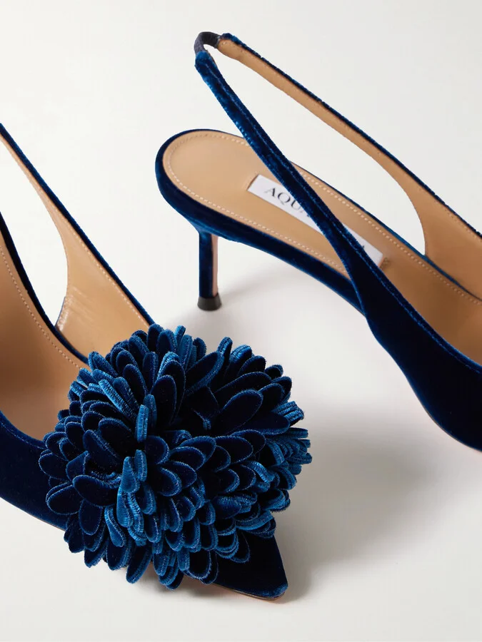 Aquazzura - Couturier 65 Pompom-embellished Velvet Slingback Pumps - Blue - Image 4