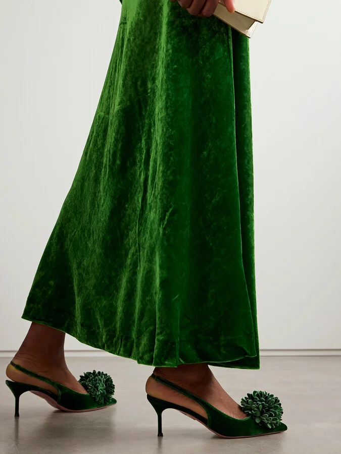 Aquazzura - Couturier 65 Pompom-embellished Velvet Slingback Pumps - Green - Image 2