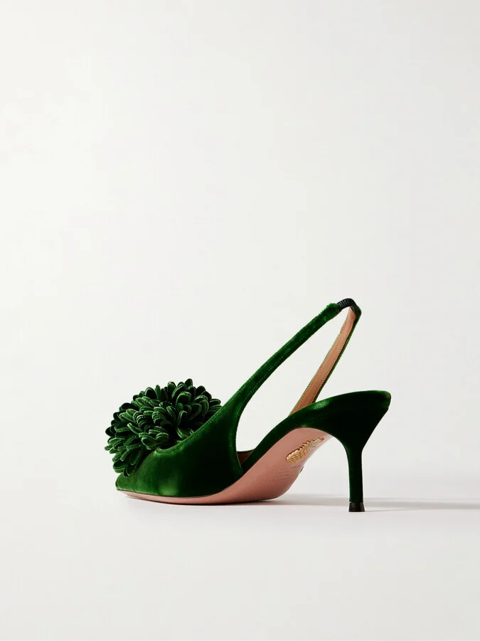 Aquazzura - Couturier 65 Pompom-embellished Velvet Slingback Pumps - Green - Image 3