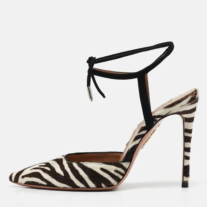 Aquazzura Cream/Brown Calf Hair Pointed Toe Ankle Tie Pumps Size 36