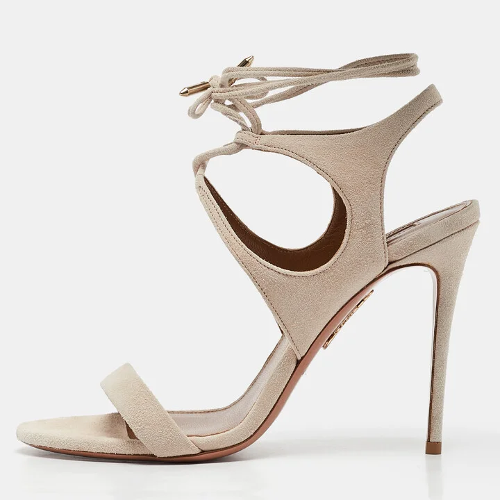 Aquazzura Cream Suede Colette 105 Ankle Strap Sandals Size 37.5