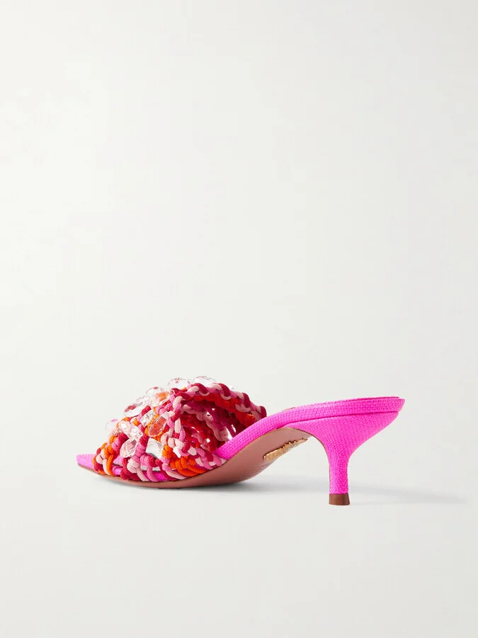 Aquazzura - Crystal Cote Embellished Crocheted Cotton Mules - Pink - Image 3