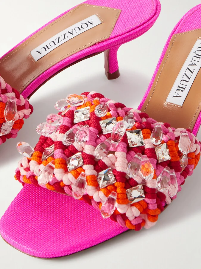 Aquazzura - Crystal Cote Embellished Crocheted Cotton Mules - Pink - Image 4