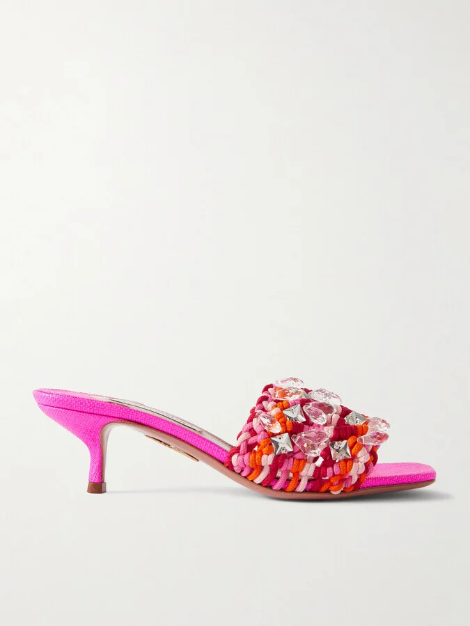 Aquazzura - Crystal Cote Embellished Crocheted Cotton Mules - Pink