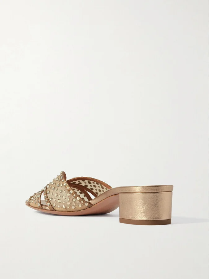 Aquazzura - Crystal Lover 35 Embellished Mesh And Leather Mules - Gold - Image 3