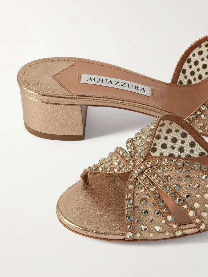 Aquazzura - Crystal Lover 35 Embellished Mesh And Leather Mules - Gold - Image 4