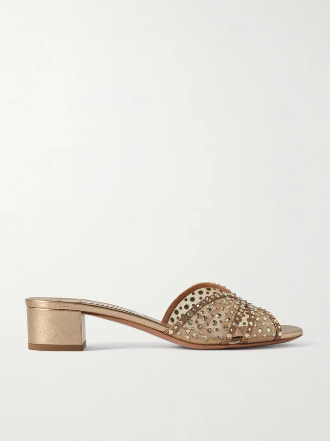 Aquazzura - Crystal Lover 35 Embellished Mesh And Leather Mules - Gold