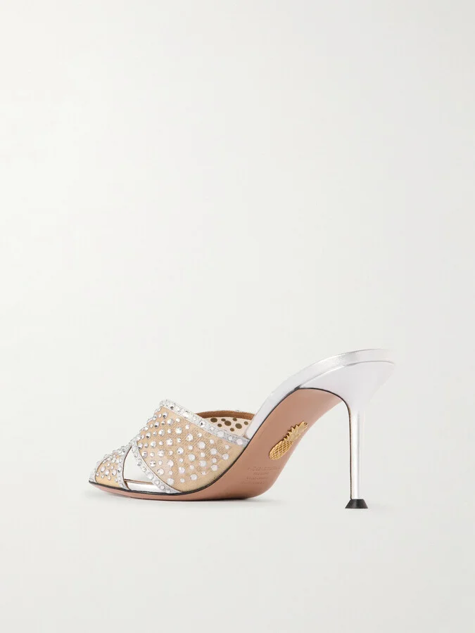 Aquazzura - Crystal Lover 75 Crystal-embellished Leather-trimmed Tulle Sandals - Silver - Image 3