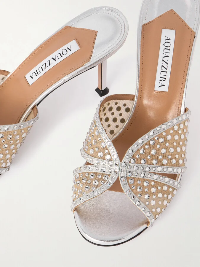 Aquazzura - Crystal Lover 75 Crystal-embellished Leather-trimmed Tulle Sandals - Silver - Image 4
