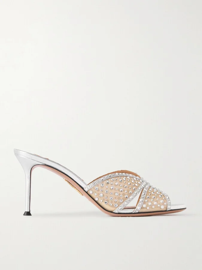 Aquazzura - Crystal Lover 75 Crystal-embellished Leather-trimmed Tulle Sandals - Silver