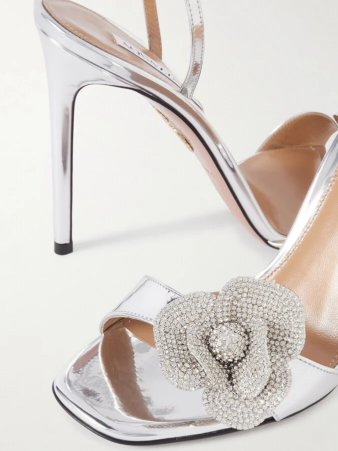 Aquazzura - Crystal Orchid 105 Appliquéd Crystal-embellished Mirrored-leather Sandals - Silver - Image 4