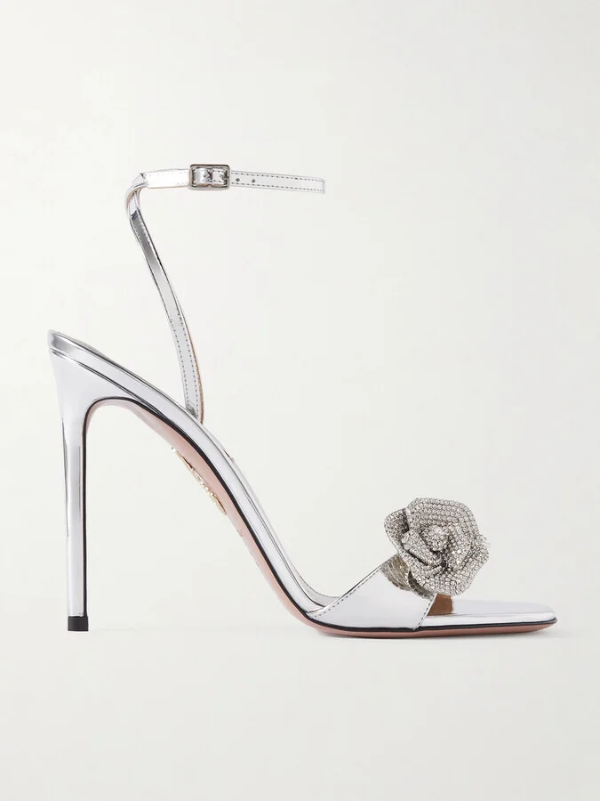 Aquazzura - Crystal Orchid 105 Appliquéd Crystal-embellished Mirrored-leather Sandals - Silver
