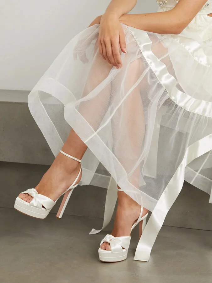 Aquazzura - Cupid Plateau 130 Knotted Satin Platform Sandals - White - Image 2