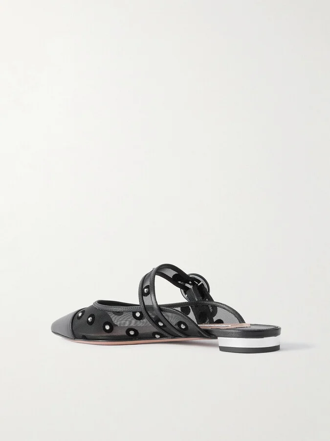 Aquazzura - Darling Daisy Crystal-embellished Flocked Polka-dot Leather-trimmed Mesh Mules - Black - Image 3