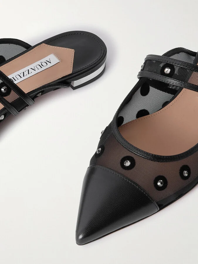 Aquazzura - Darling Daisy Crystal-embellished Flocked Polka-dot Leather-trimmed Mesh Mules - Black - Image 4