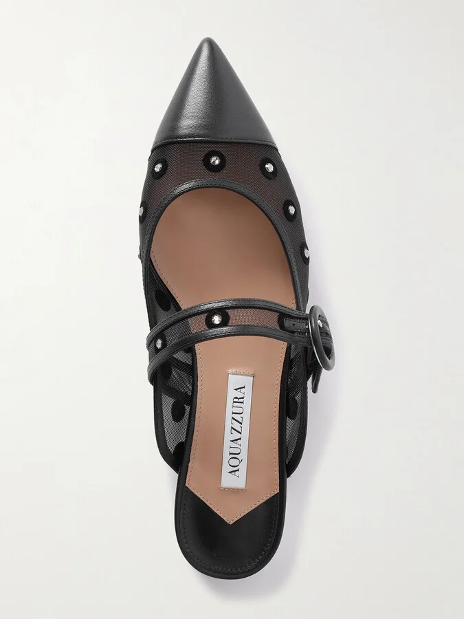 Aquazzura - Darling Daisy Crystal-embellished Flocked Polka-dot Leather-trimmed Mesh Mules - Black - Image 5