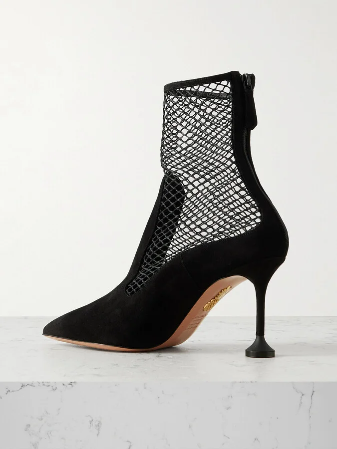Aquazzura - Dawn 85 Fishnet-trimmed Suede Ankle Boots - Black - Image 3