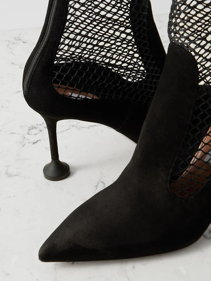 Aquazzura - Dawn 85 Fishnet-trimmed Suede Ankle Boots - Black - Image 4