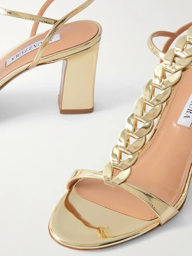 Aquazzura - Destiny Gladiator 85 Braided Metallic Leather Sandals - Gold - Image 4