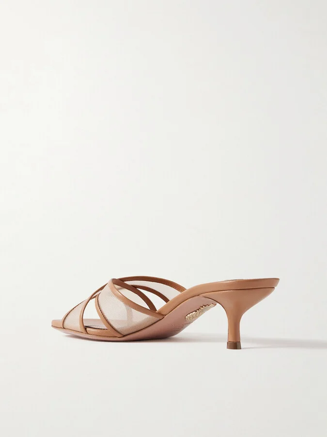 Aquazzura - Divine 50 Leather-trimmed Tulle Mules - Brown - Image 3