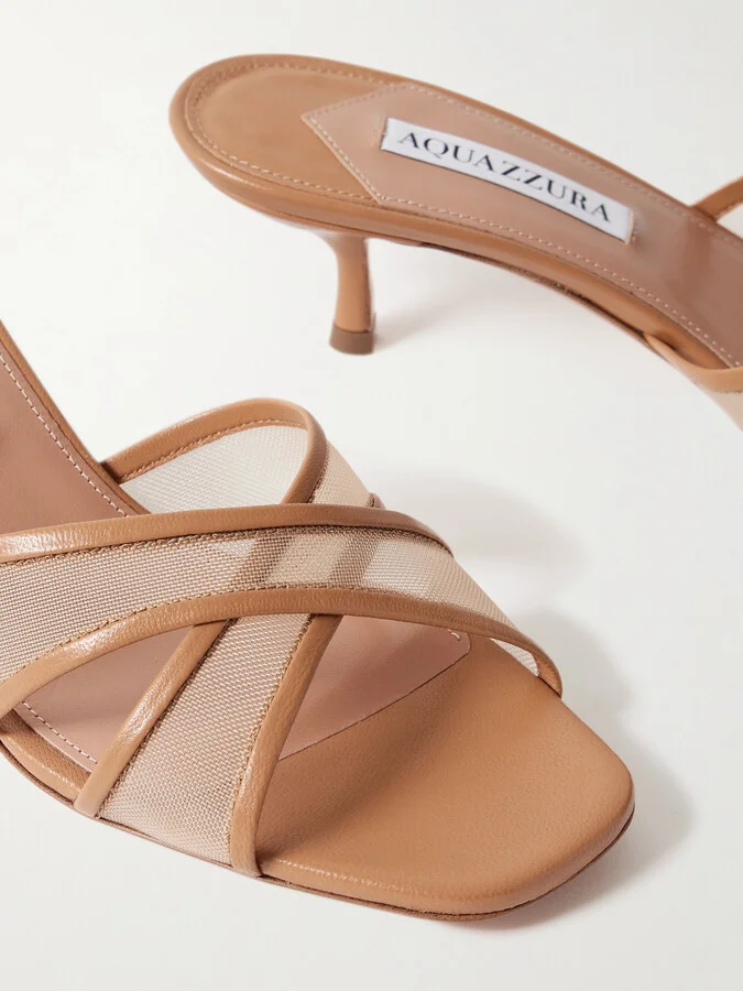 Aquazzura - Divine 50 Leather-trimmed Tulle Mules - Brown - Image 4