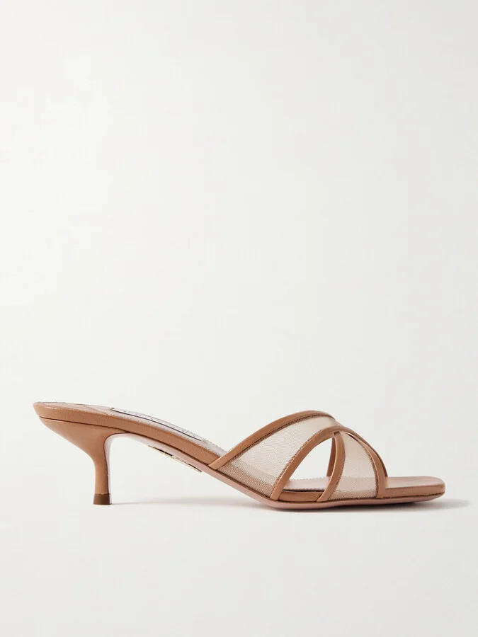 Aquazzura - Divine 50 Leather-trimmed Tulle Mules - Brown