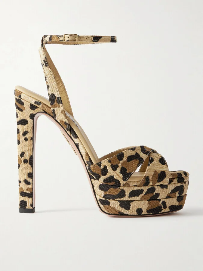 Aquazzura - Divine Plateau 130 Leopard-print Raffia Platform Sandals - Animal print