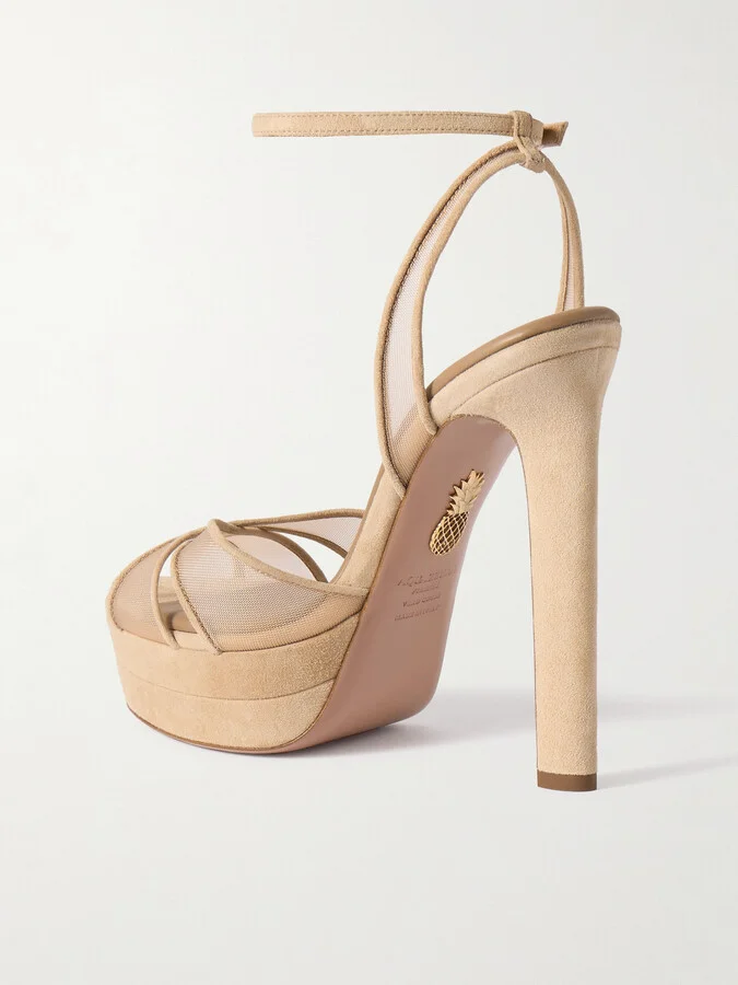 Aquazzura - Divine Plateau 130 Suede And Tulle Platform Sandals - Neutrals - Image 3