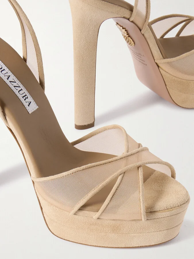 Aquazzura - Divine Plateau 130 Suede And Tulle Platform Sandals - Neutrals - Image 4