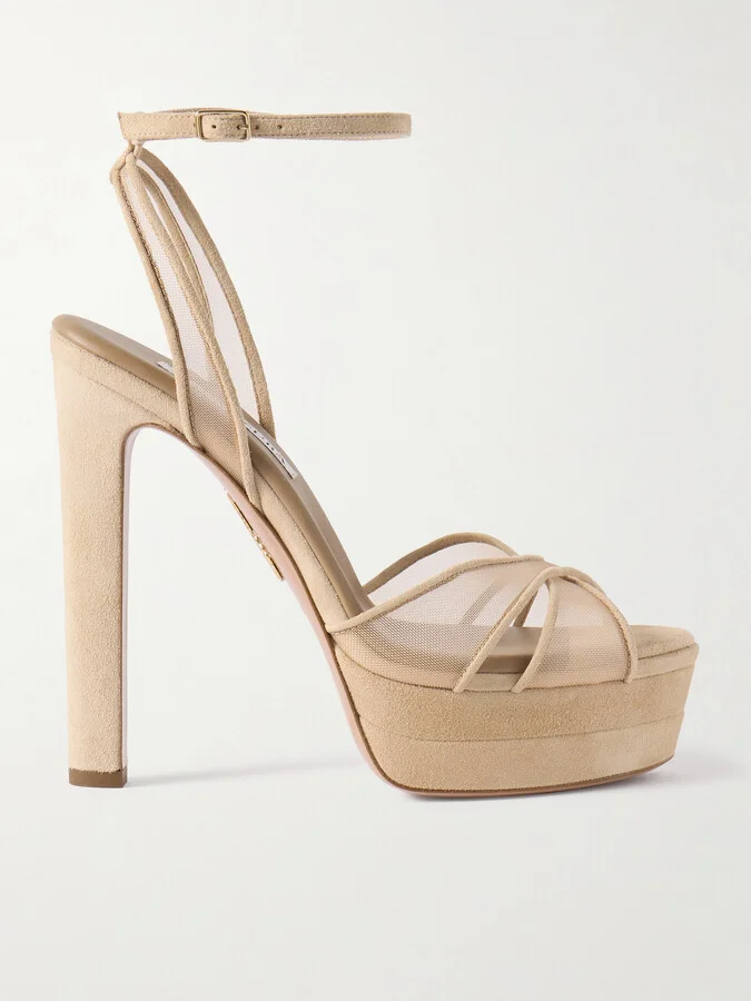 Aquazzura - Divine Plateau 130 Suede And Tulle Platform Sandals - Neutrals
