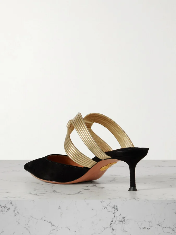 Aquazzura - Escenia 50 Two-tone Metallic And Suede Mules - Black - Image 3