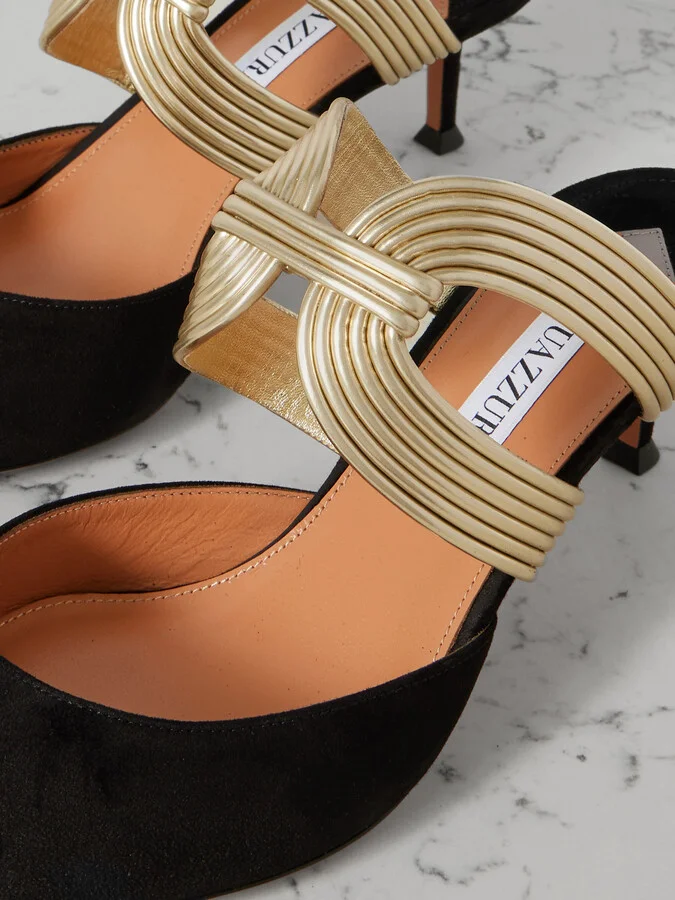 Aquazzura - Escenia 50 Two-tone Metallic And Suede Mules - Black - Image 4