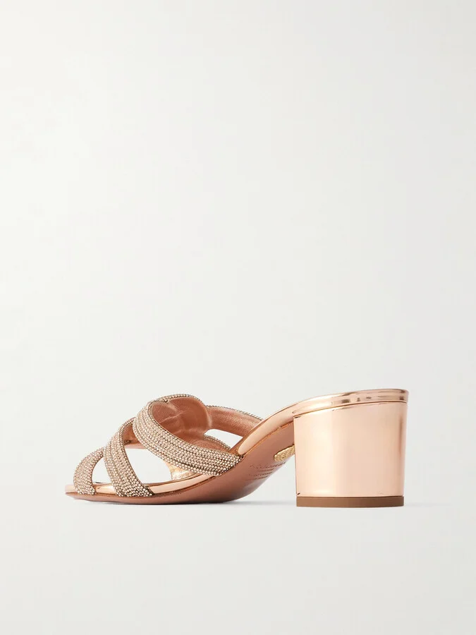 Aquazzura - Felix 50 Crystal-embellished Mirrored-leather Mules - Rose gold - Image 3