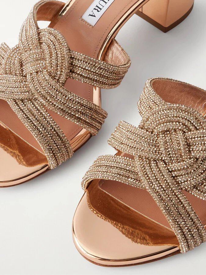 Aquazzura - Felix 50 Crystal-embellished Mirrored-leather Mules - Rose gold - Image 4
