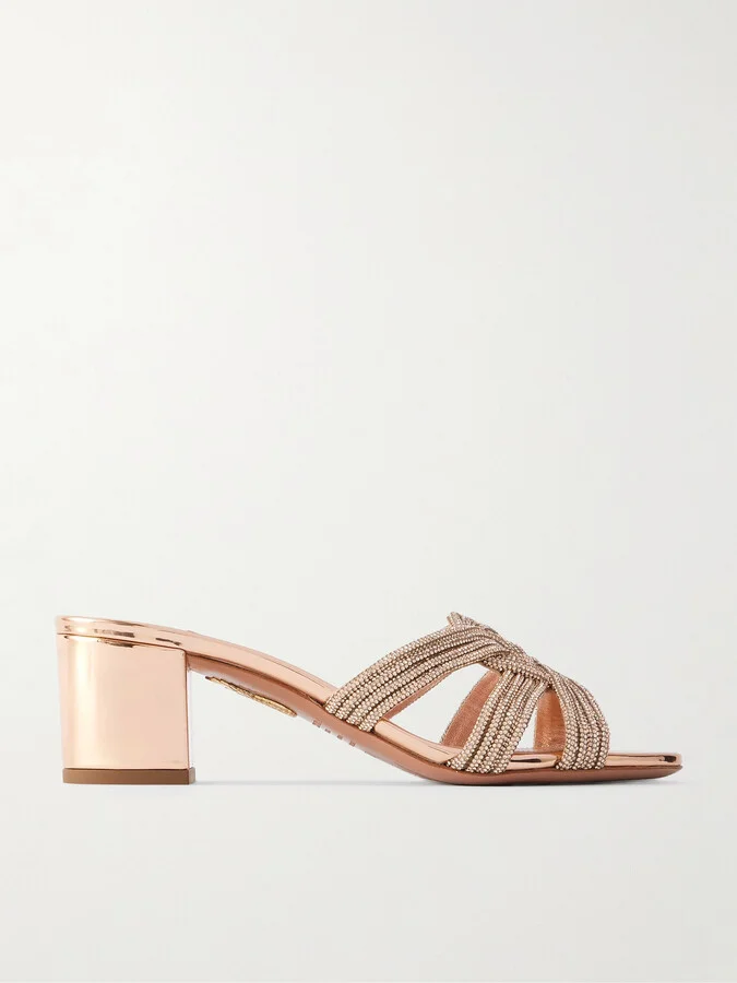Aquazzura - Felix 50 Crystal-embellished Mirrored-leather Mules - Rose gold