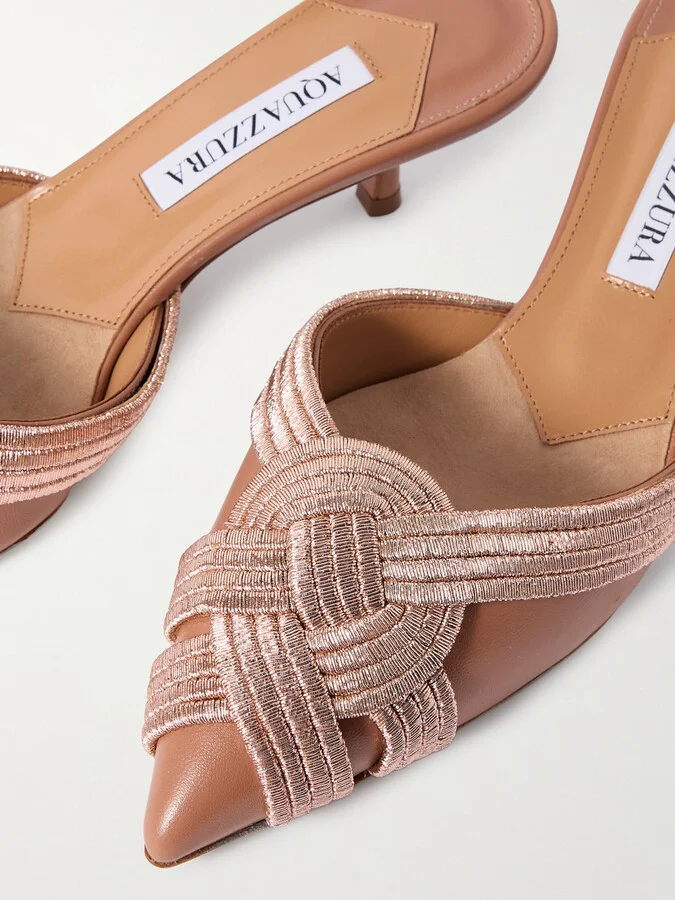 Aquazzura - Felix 50 Metallic Leather Mules - Pink - Image 4