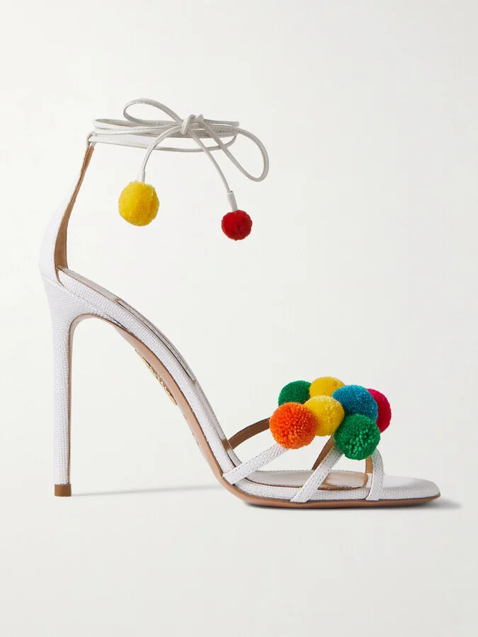 Aquazzura - Fiesta 105 Embellished Raffia And Leather Sandals - White