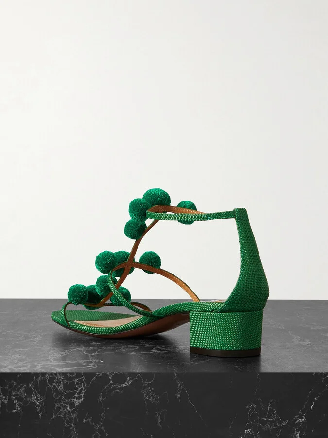 Aquazzura - Fiesta 35 Pompom-embellished Raffia Sandals - Green - Image 3