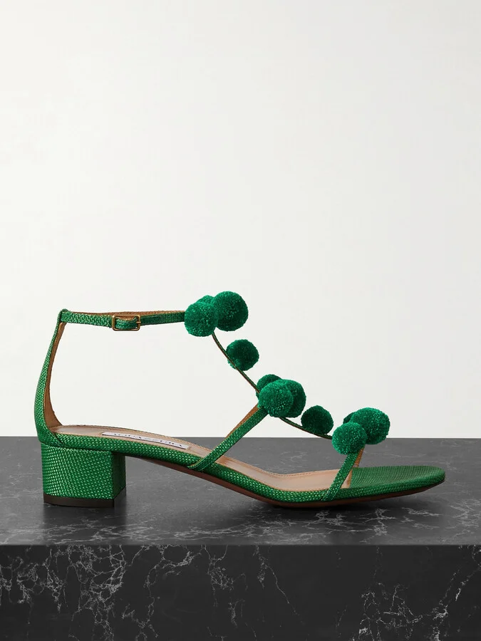 Aquazzura - Fiesta 35 Pompom-embellished Raffia Sandals - Green